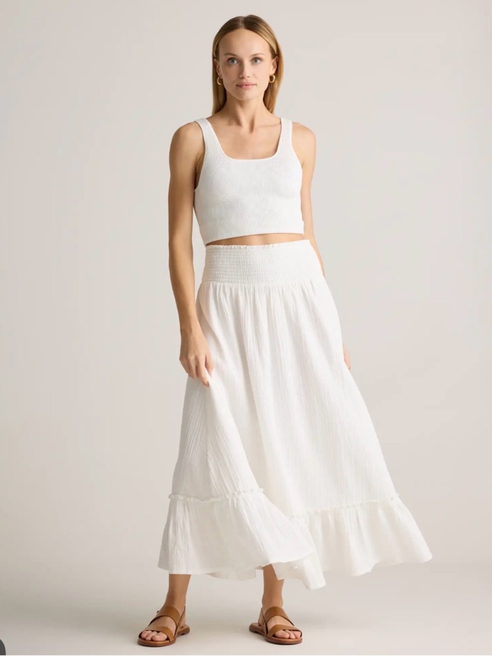 Quince Organic Cotton Gauze Smocked Maxi Skirt in White Size Large 308 - Picture 2 of 3